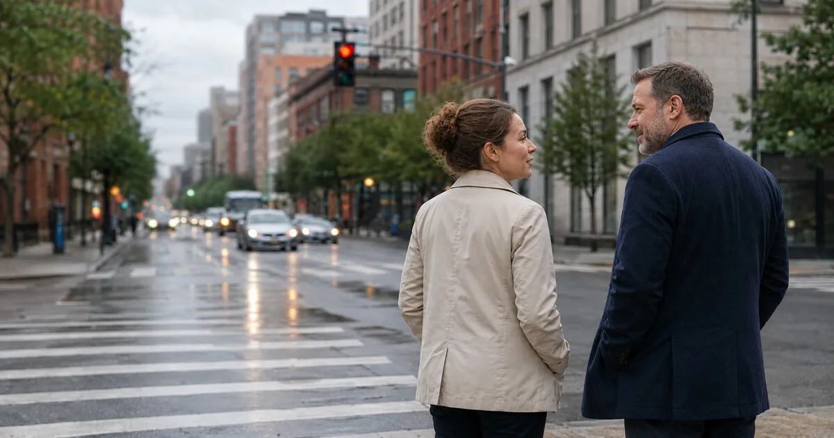 Two professionals talking at a city intersection beneath a traffic light