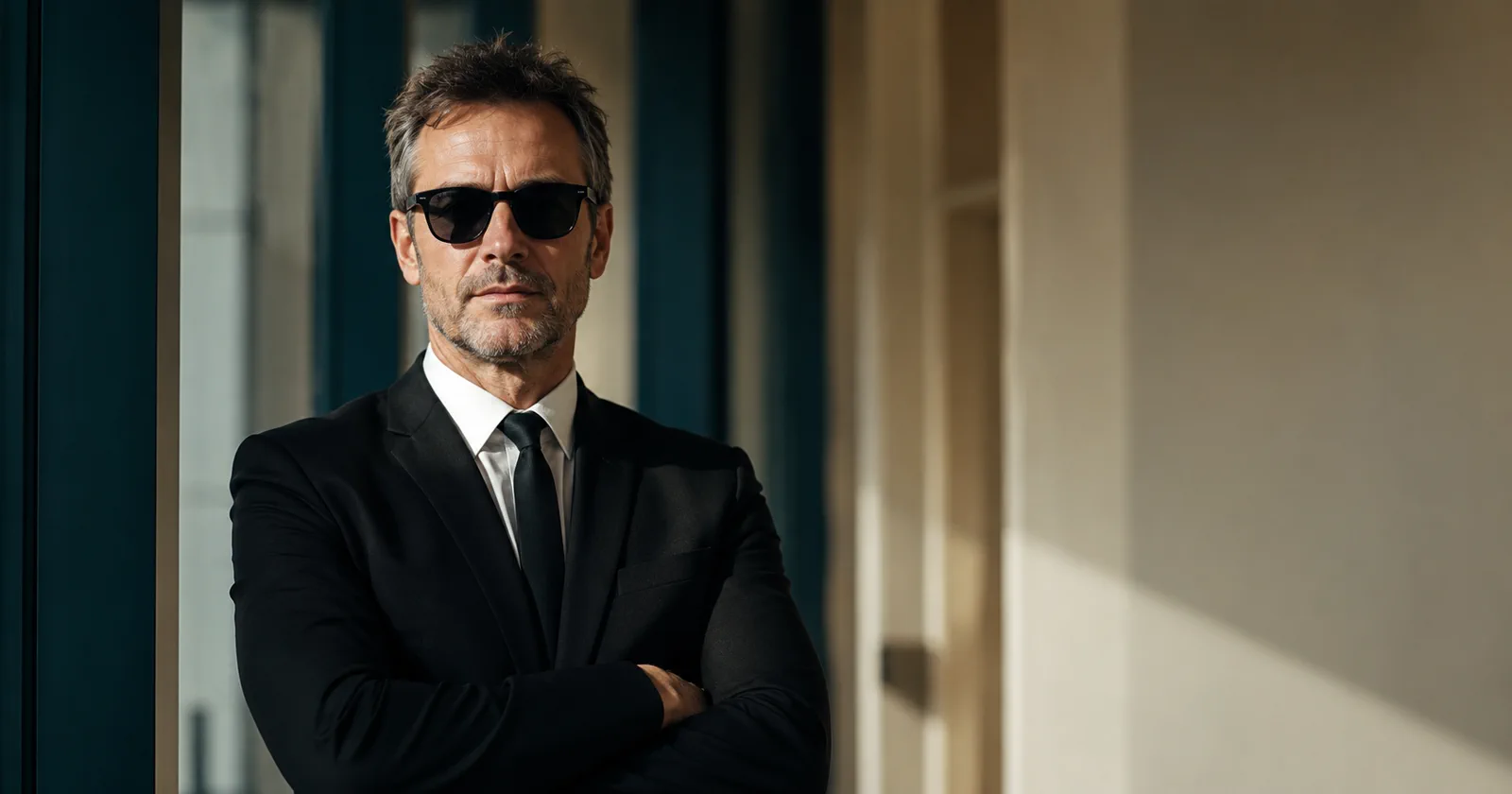 A suited evaluator standing with arms crossed in a professional building