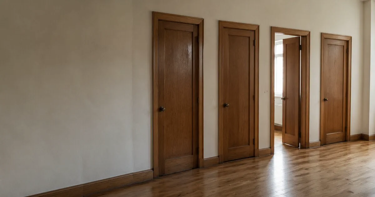 Four wooden doors along a wall, with one door standing open