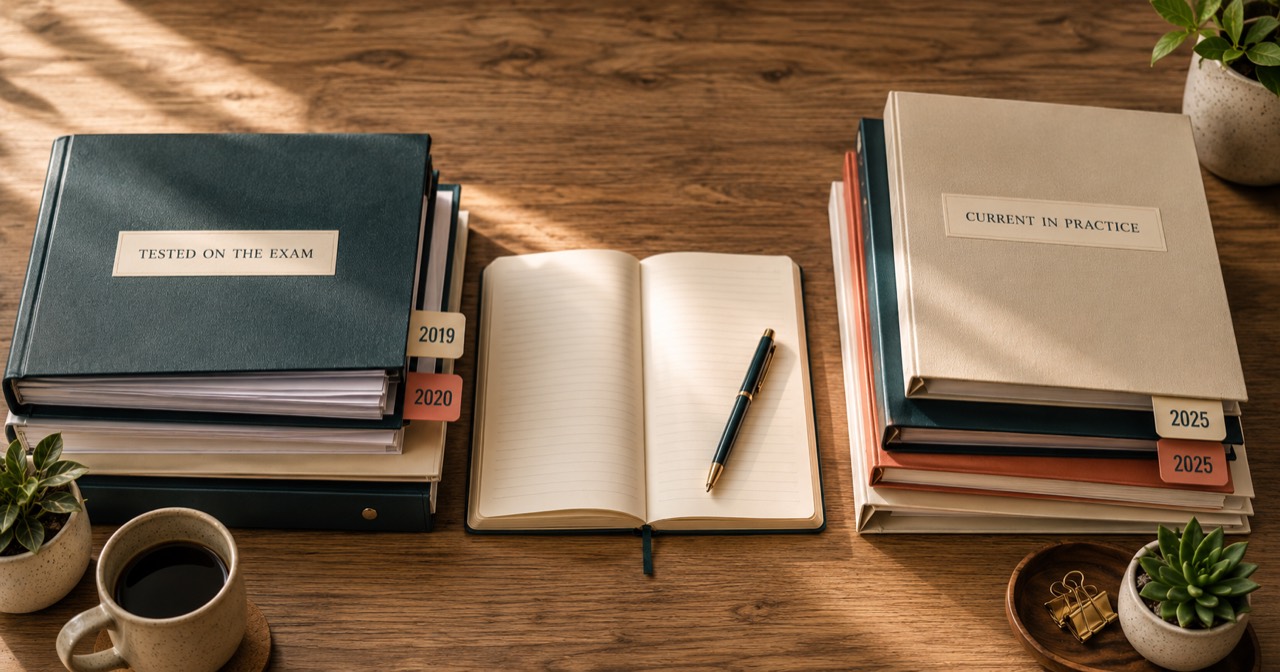 Two sets of coaching reference materials showing 2019 and 2020 exam sources beside current 2025 professional standards
