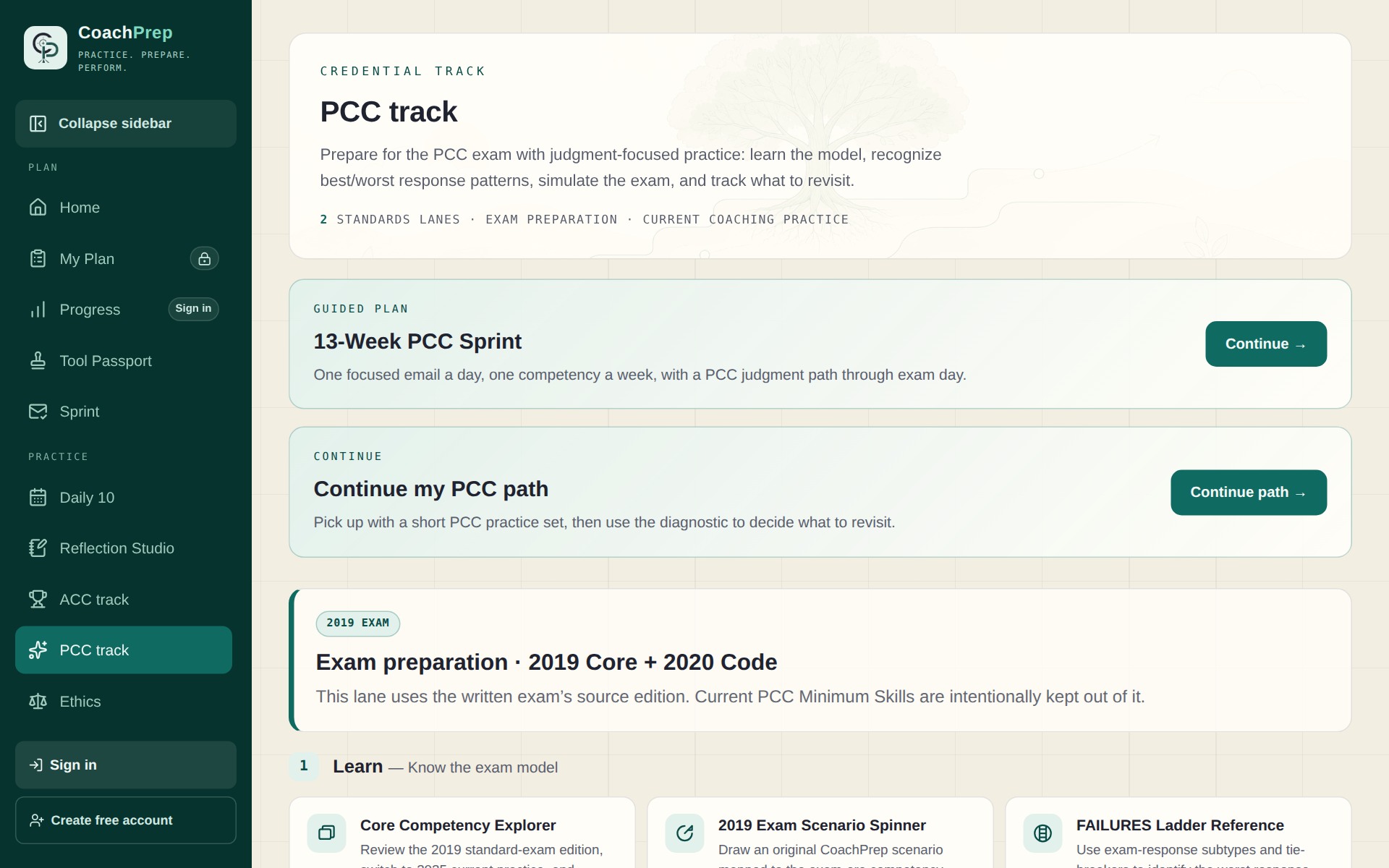 CoachPrep PCC study track with guided practice and assessment resources.
