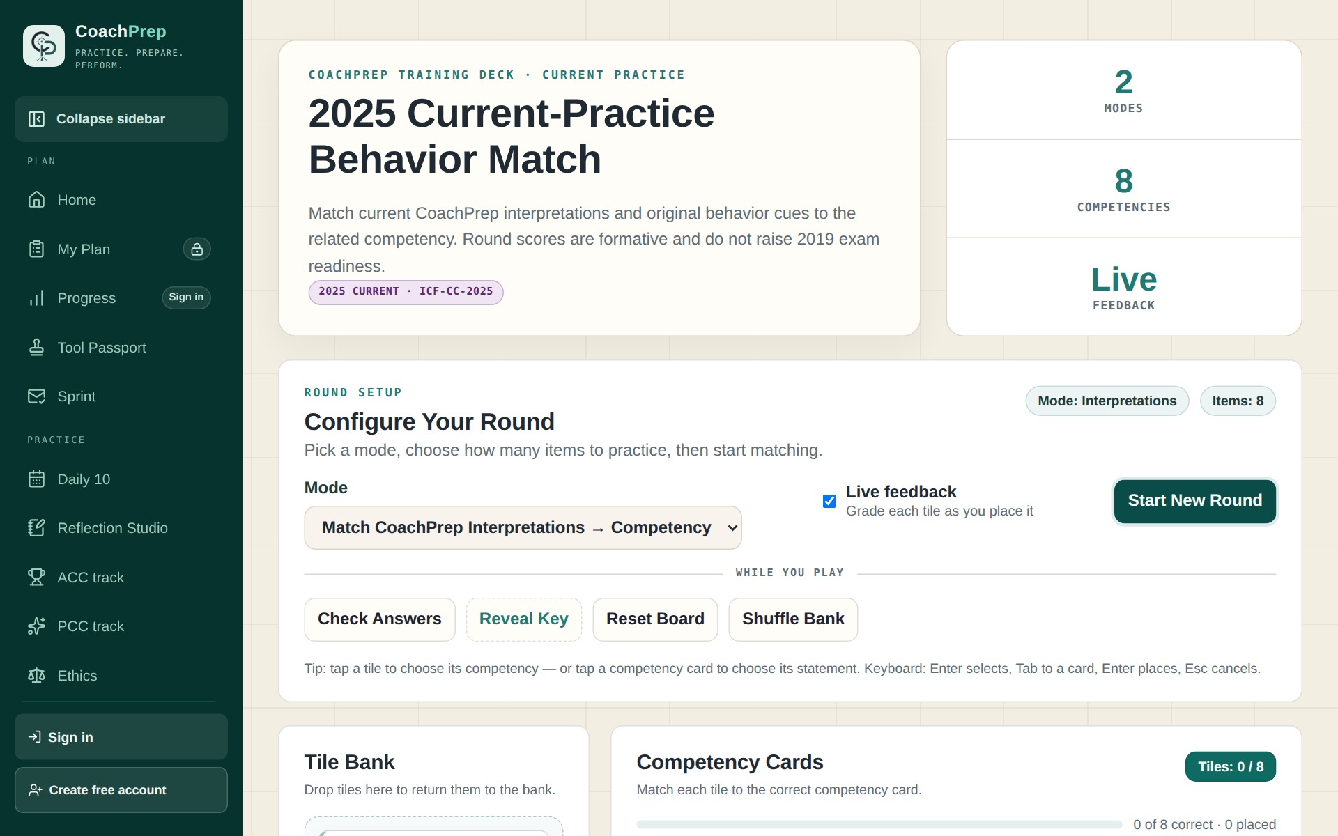 CoachPrep behavior matching activity with a tile bank and competency cards.