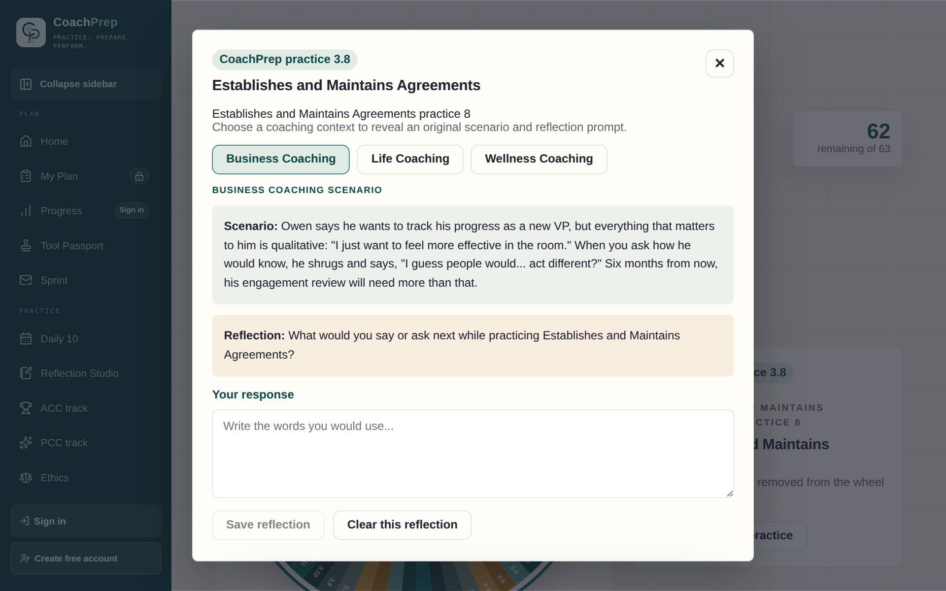 CoachPrep coaching scenario spinner displaying a practice scenario and reflection prompt.