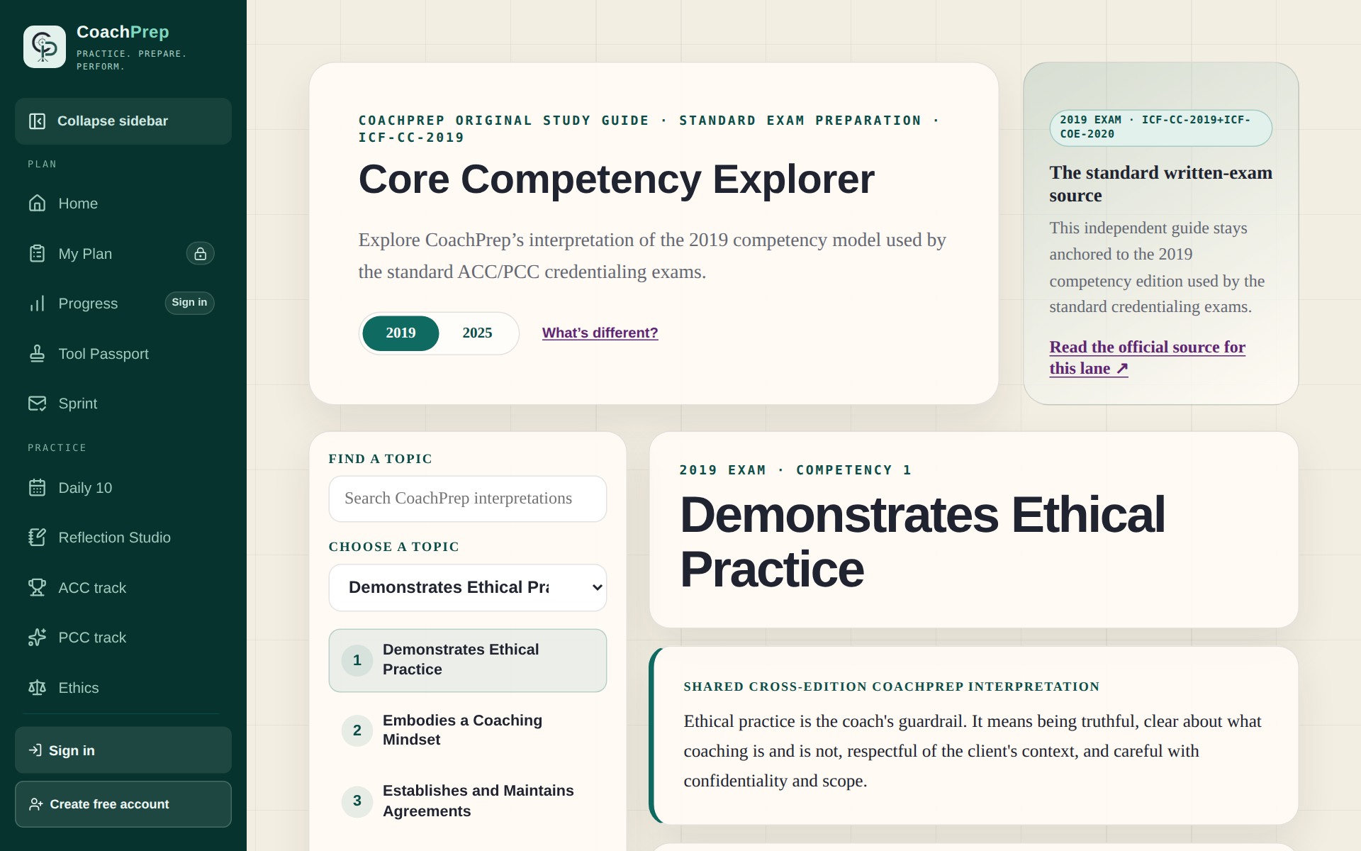 CoachPrep core competency explorer organizing the ICF coaching competencies into an approachable study view.