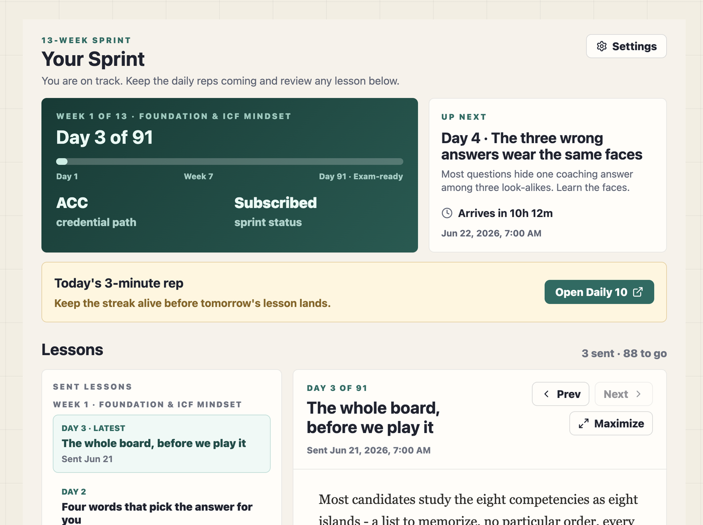 The CoachPrep Sprint dashboard showing today's lesson, upcoming lessons, and sent sprint emails.