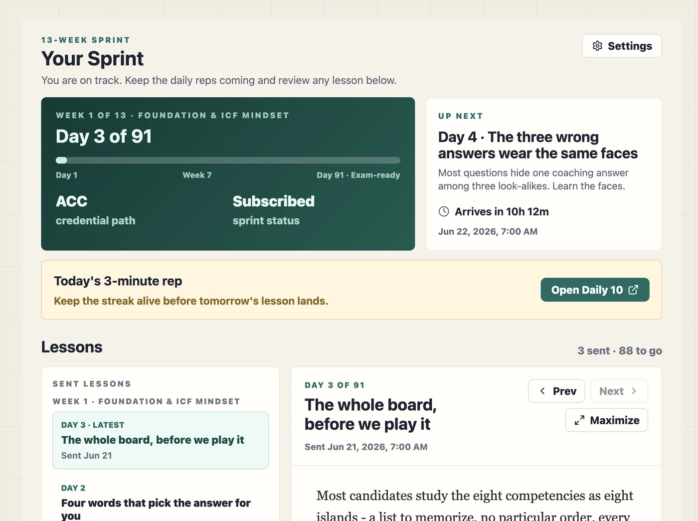 The CoachPrep Sprint dashboard showing today's lesson, upcoming lessons, and sent sprint emails.